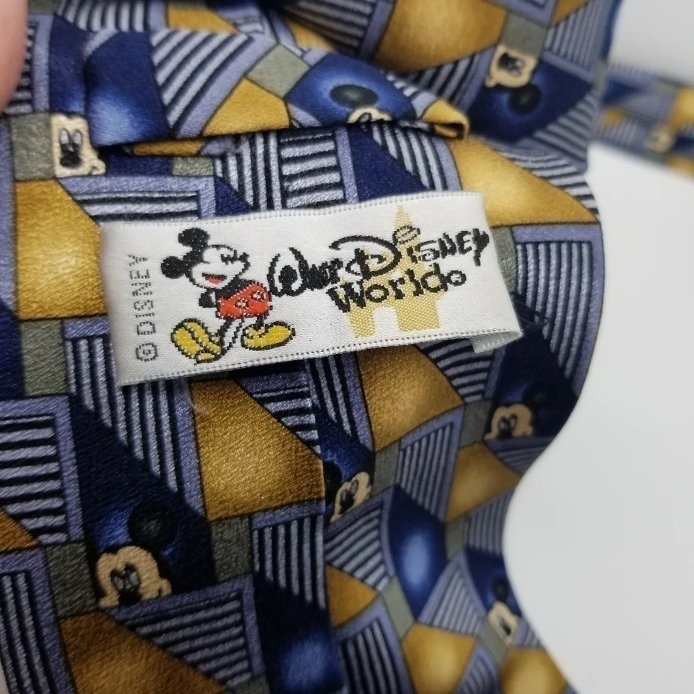 Walt Disney World blue tan gray Mickey Mouse geometric silk tie